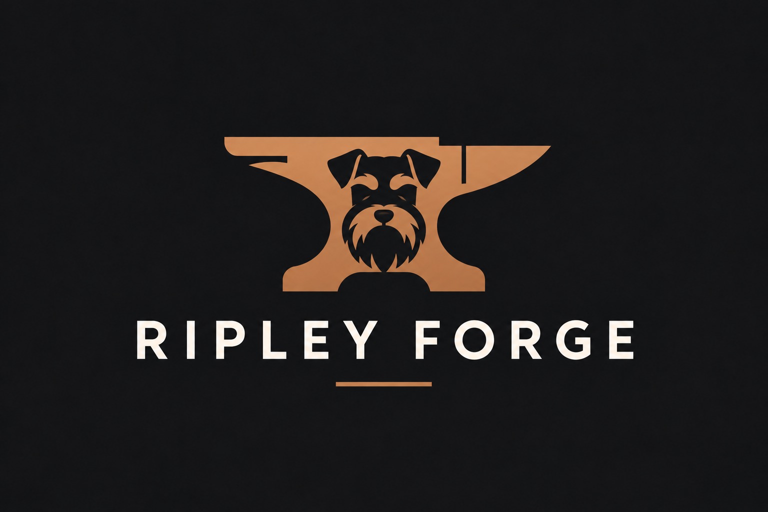Ripley Forge: a miniature schnauzer within a copper anvil, above the company name